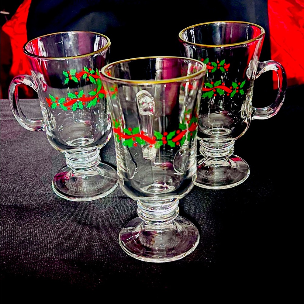 Libbey Glass Co. Green & Red Holly, Red Ribbon, Gold Trim Irish glass